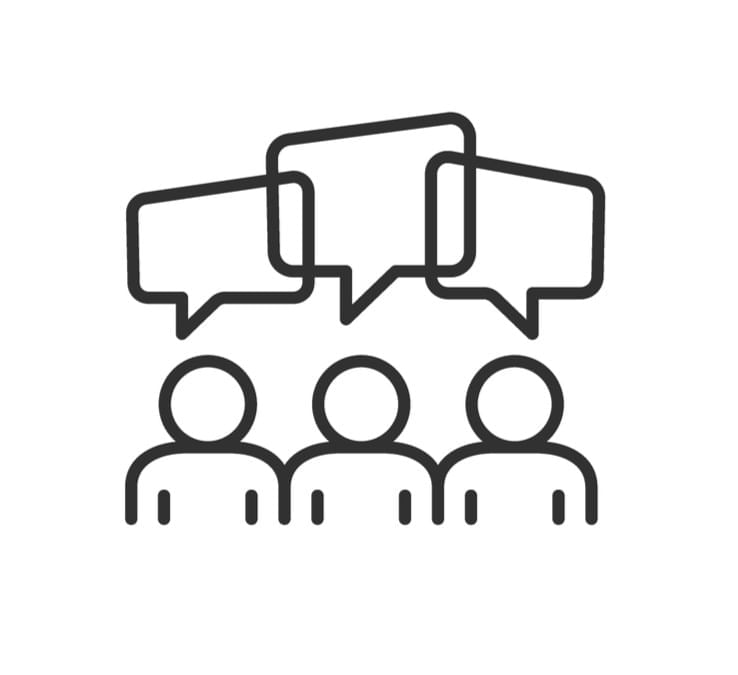 Three people with speech bubbles above them, representing a discussion or conversation.