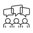 Three people with speech bubbles above them, representing a discussion or conversation.