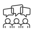 Three people with speech bubbles above them, representing a discussion or conversation.