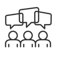 Three people with speech bubbles above them, representing a discussion or conversation.