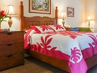 Close-up of King bed in the Standard Room at The Plantation Inn