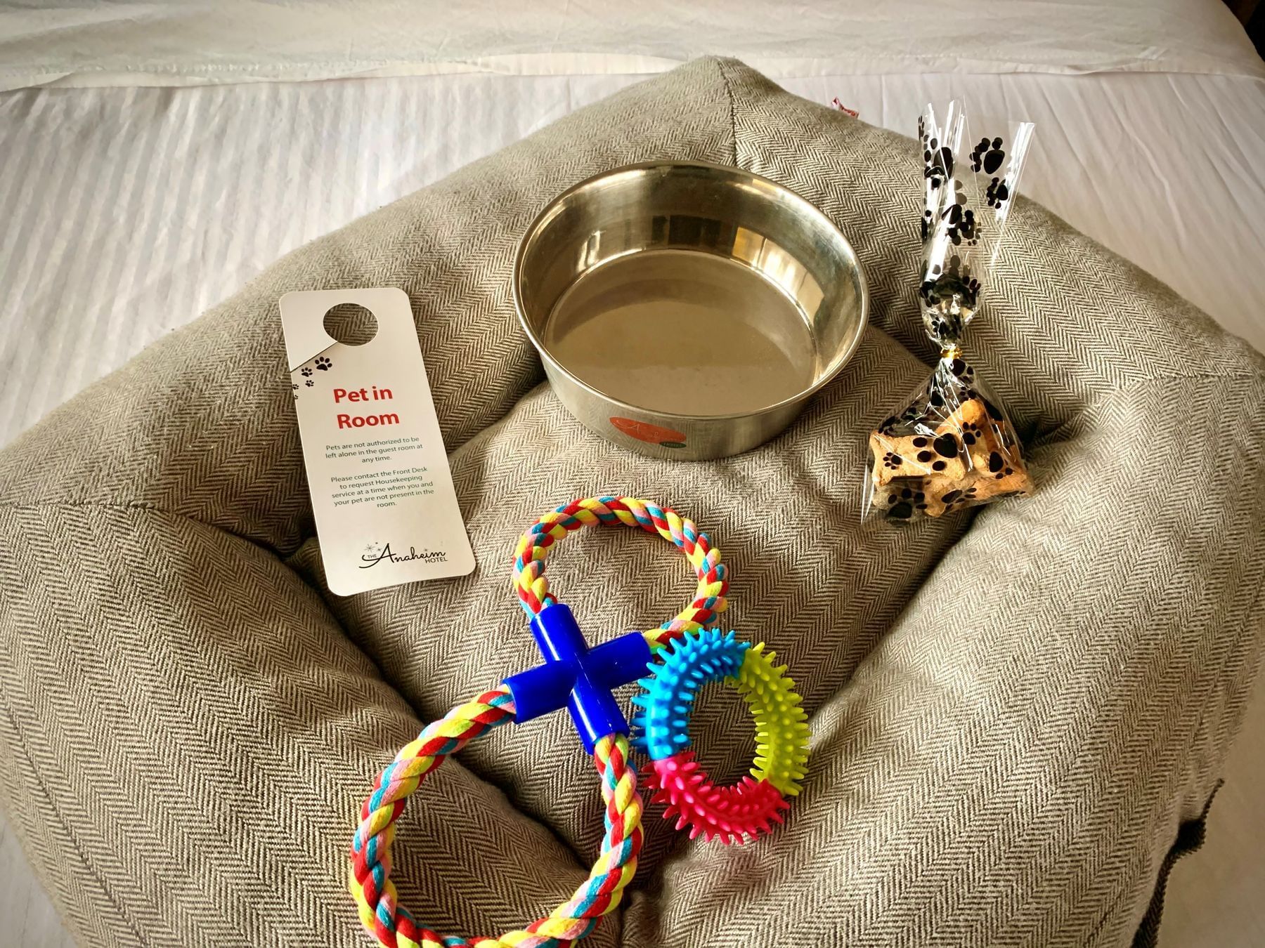 Dog essentials laid on a dog bed at The Anaheim Hotel