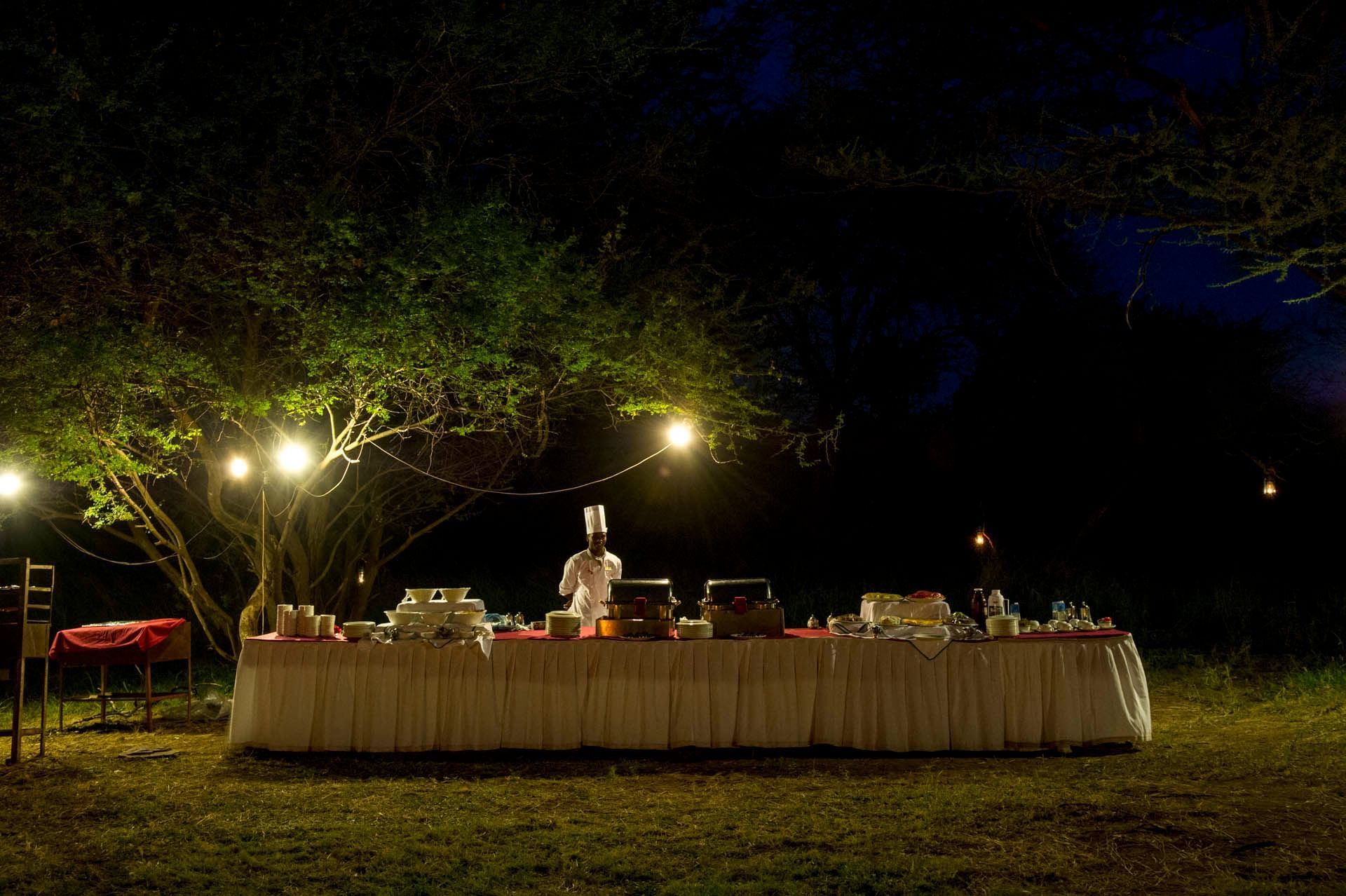 A Bush Dinner Buffet setup at Serengeti Serena Safari Lodge