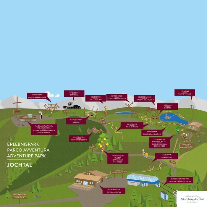 Karte des Adventure Parks Parco Gioch in Jochtal mit verschiedenen Aktivitäten und Einrichtungen.