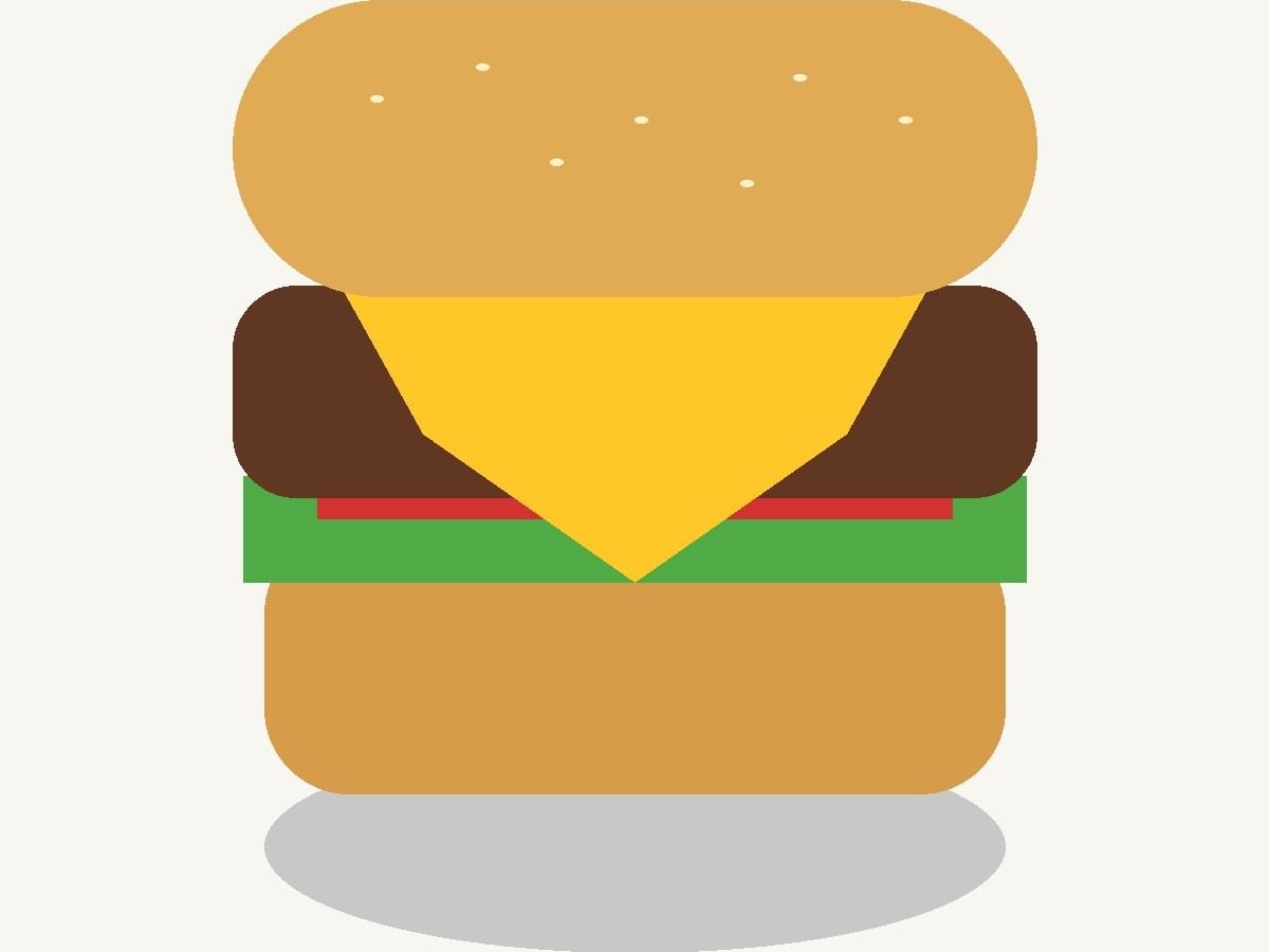 Stylized illustration of a cheeseburger with sesame seed bun, cheese, beef patty, lettuce, and tomato layers.