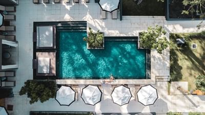 Aerial view of an outdoor pool by white umbrellas and greenery at El Mangroove Hotel