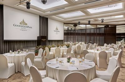 Table arrangements for an event in Goodwood Park Hotel