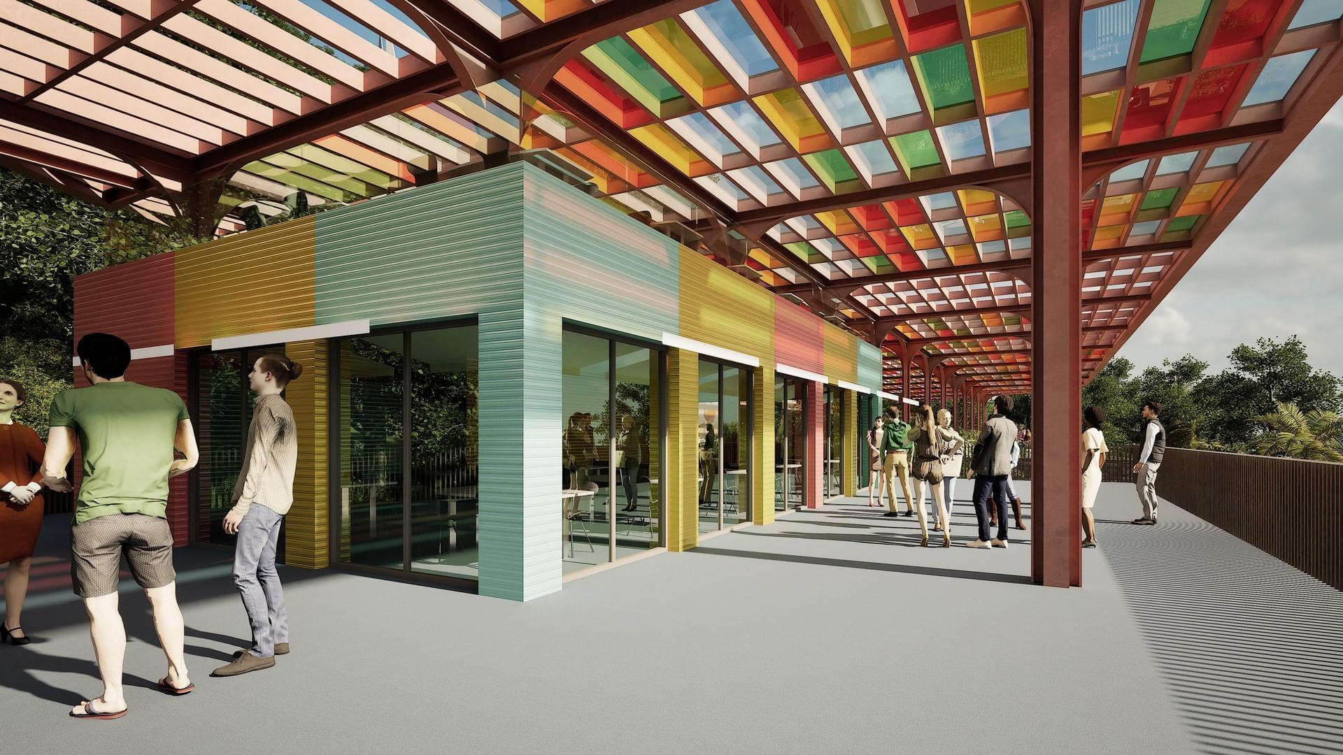 Stylish A'ila Resorts rooftop terrace, with a multicolored, transparent canopy and a modern building