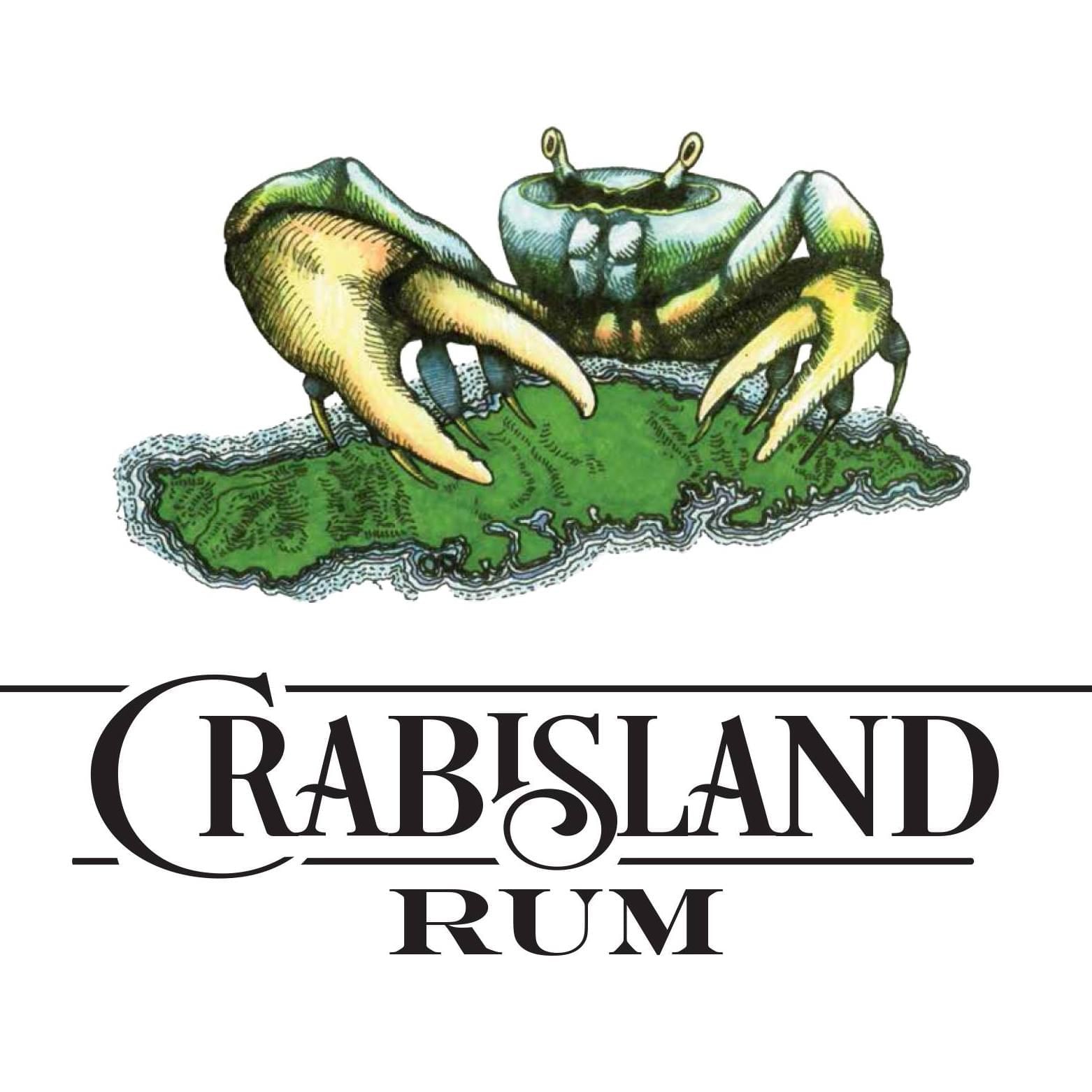 Illustrated logo featuring a green and yellow crab atop an island with Crab Island Rum Distillery.