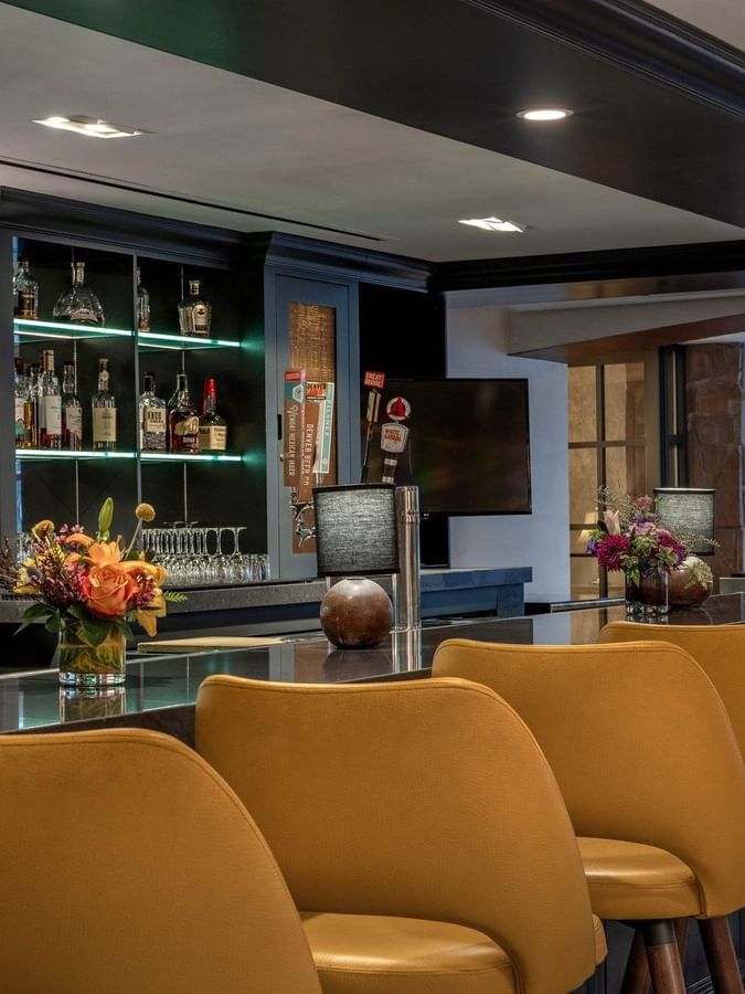Stylish bar chairs by a long counter under recessed lights in Gattara Restaurant & Patio at Warwick Denver
