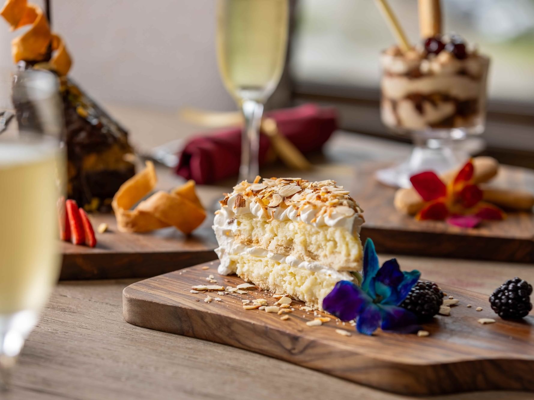 An assortment of cakes and desserts with champagne at The Summit at Shangri-La Resort and Golf Club