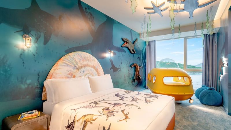 Comfy bed in Jurassic Submarine Room at Fullerton Ocean Park