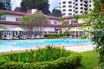 The outdoor pool area with sun loungers at Goodwood Hotel