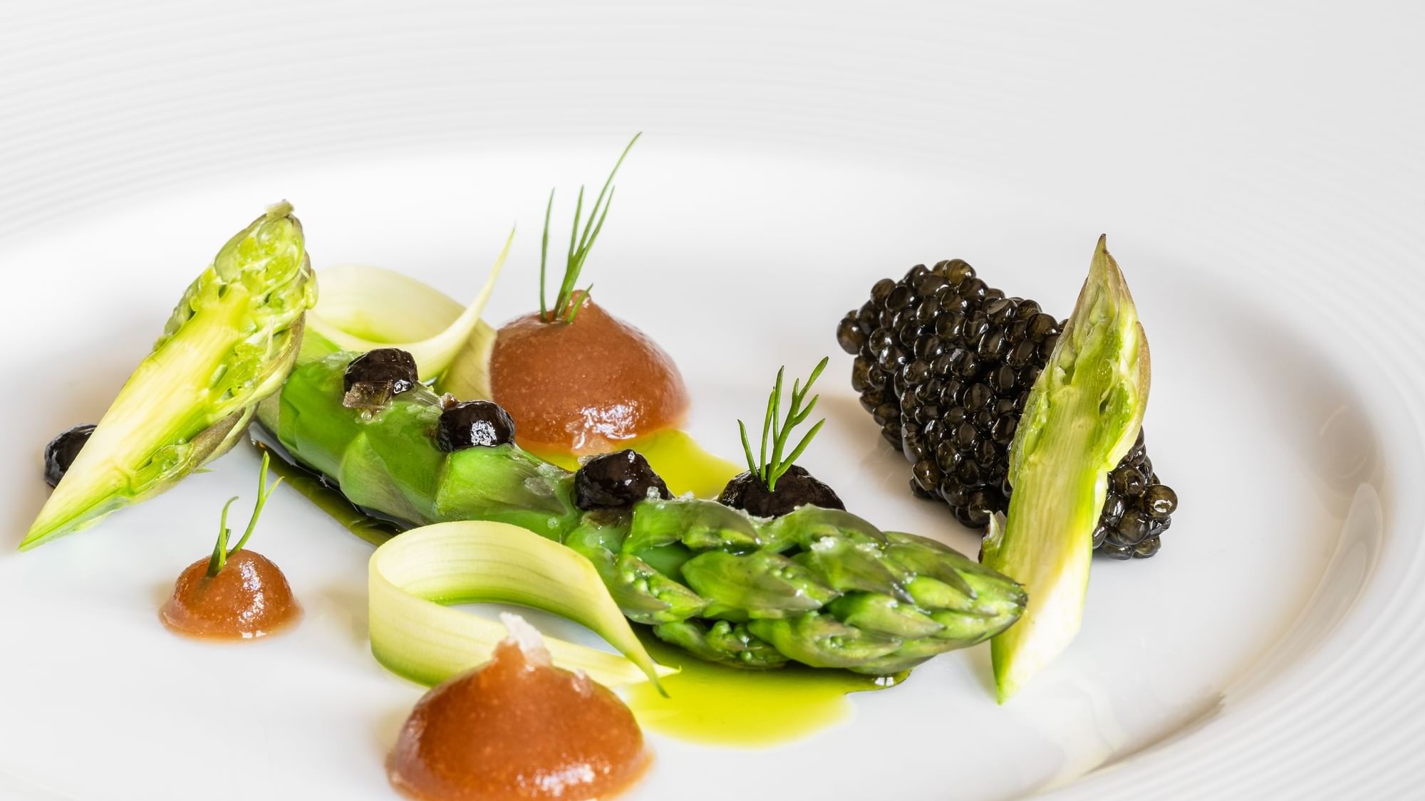 Gourmet plate of asparagus with black caviar, tomato puree, and herbs served fresh in a restaurant at Dunluce Lodge