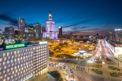 Aerial view of the Metropol Hotel building in Warsaw City at night