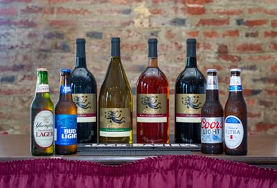 Close-up of liquor bottles on the table at River Street Inn