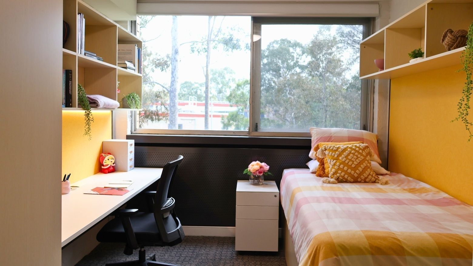 Cozy student room with desk and bed at La Trobe University – Menzies College.