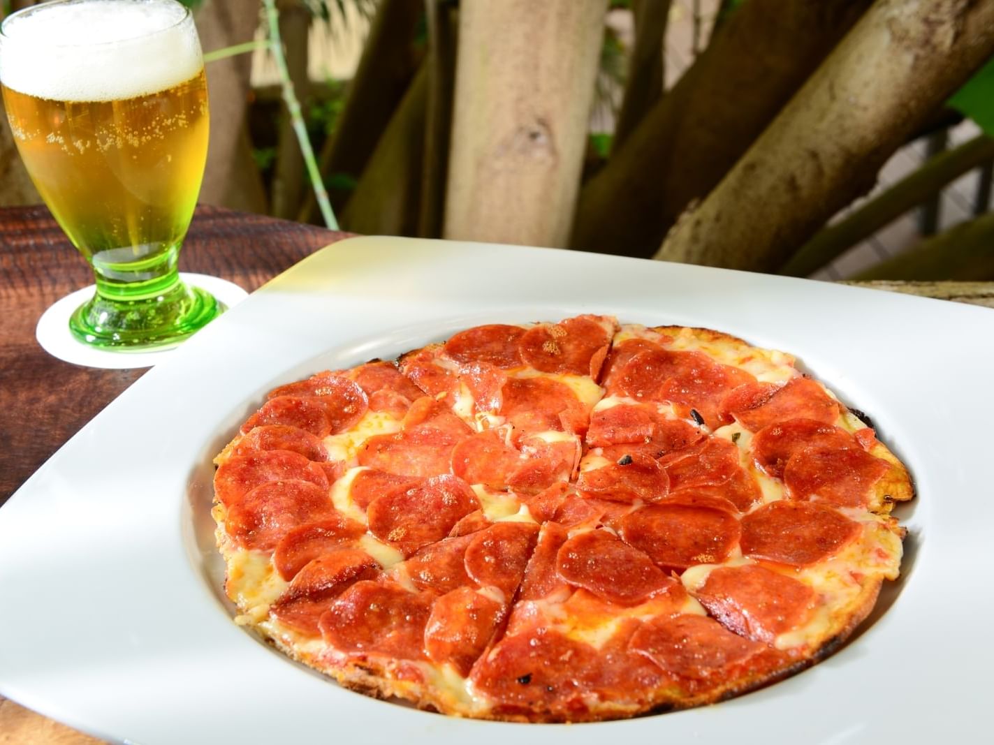 pizza on a white plate with beer glass