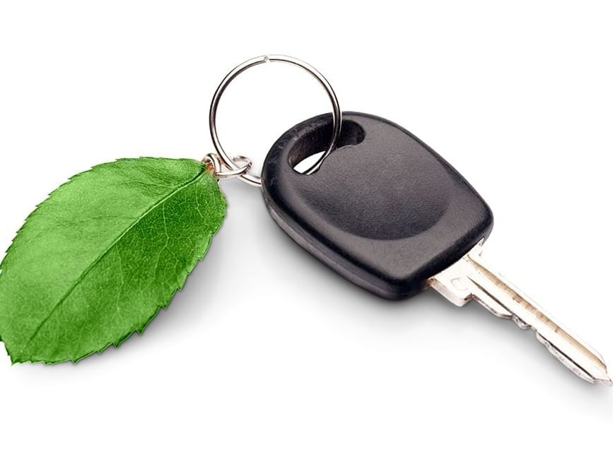 Close up of a key with leaf key tag at Eagle Mountain House