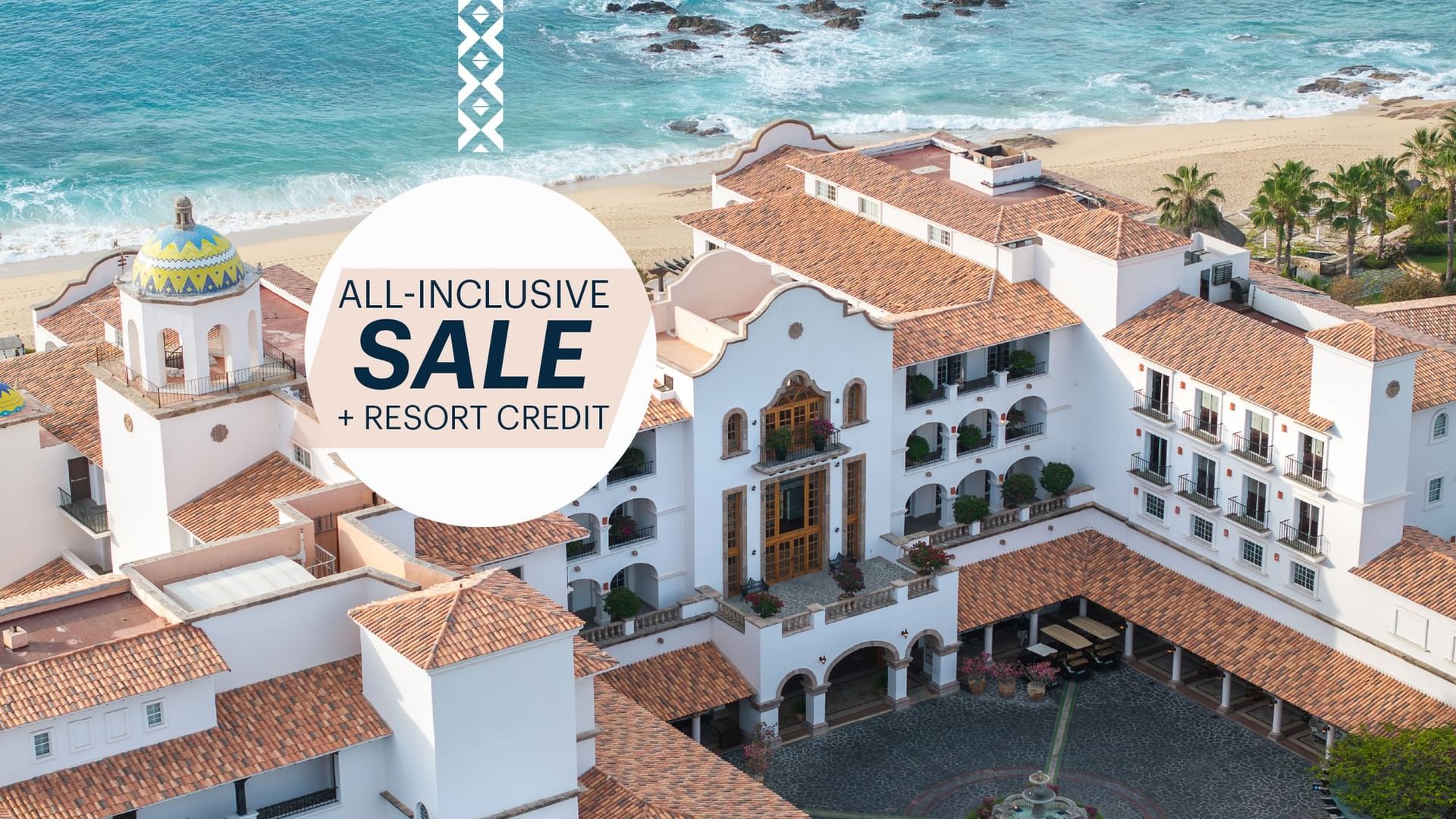 Aerial view of beach resort with offer text for all-inclusive sale and resort credit.