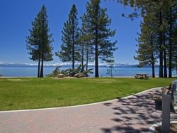 Spring day at Commons Beach in Tahoe city showing green grass, blue skies, calm Lake Tahoe, and snowy mountains