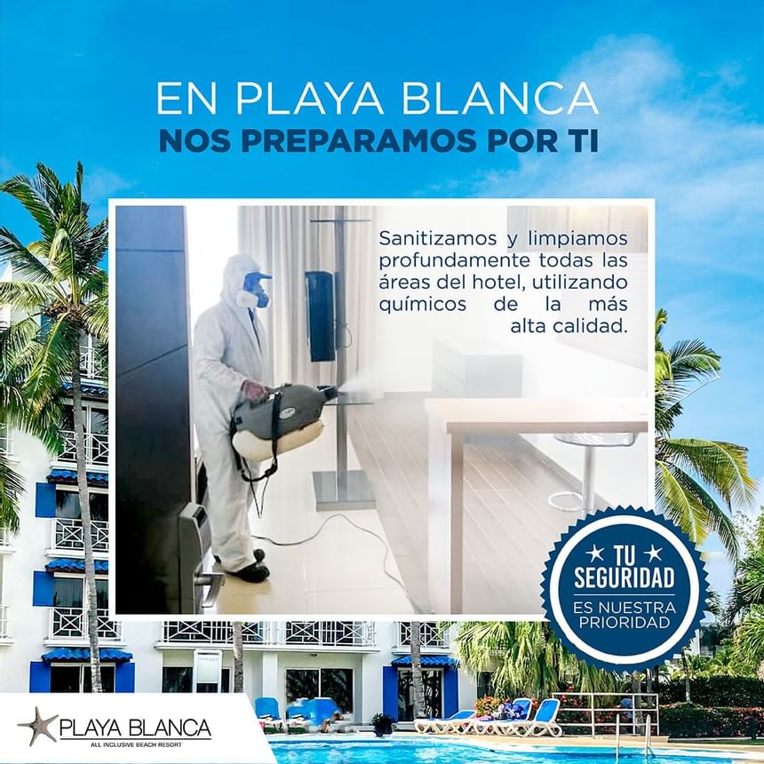 A poster on health and safety at Playa Blanca Beach Resort