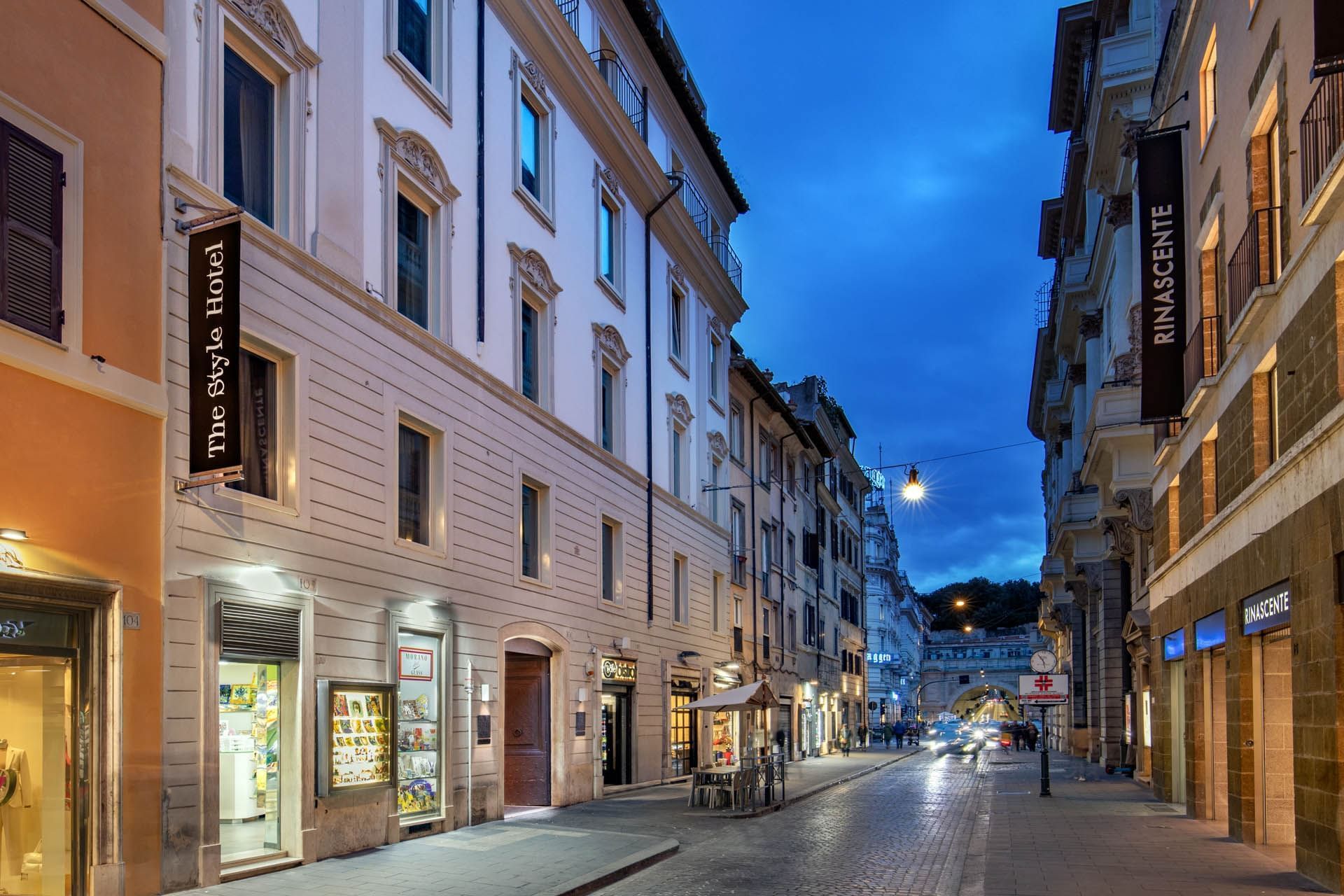 High angle view of the street near The Style in the evening
