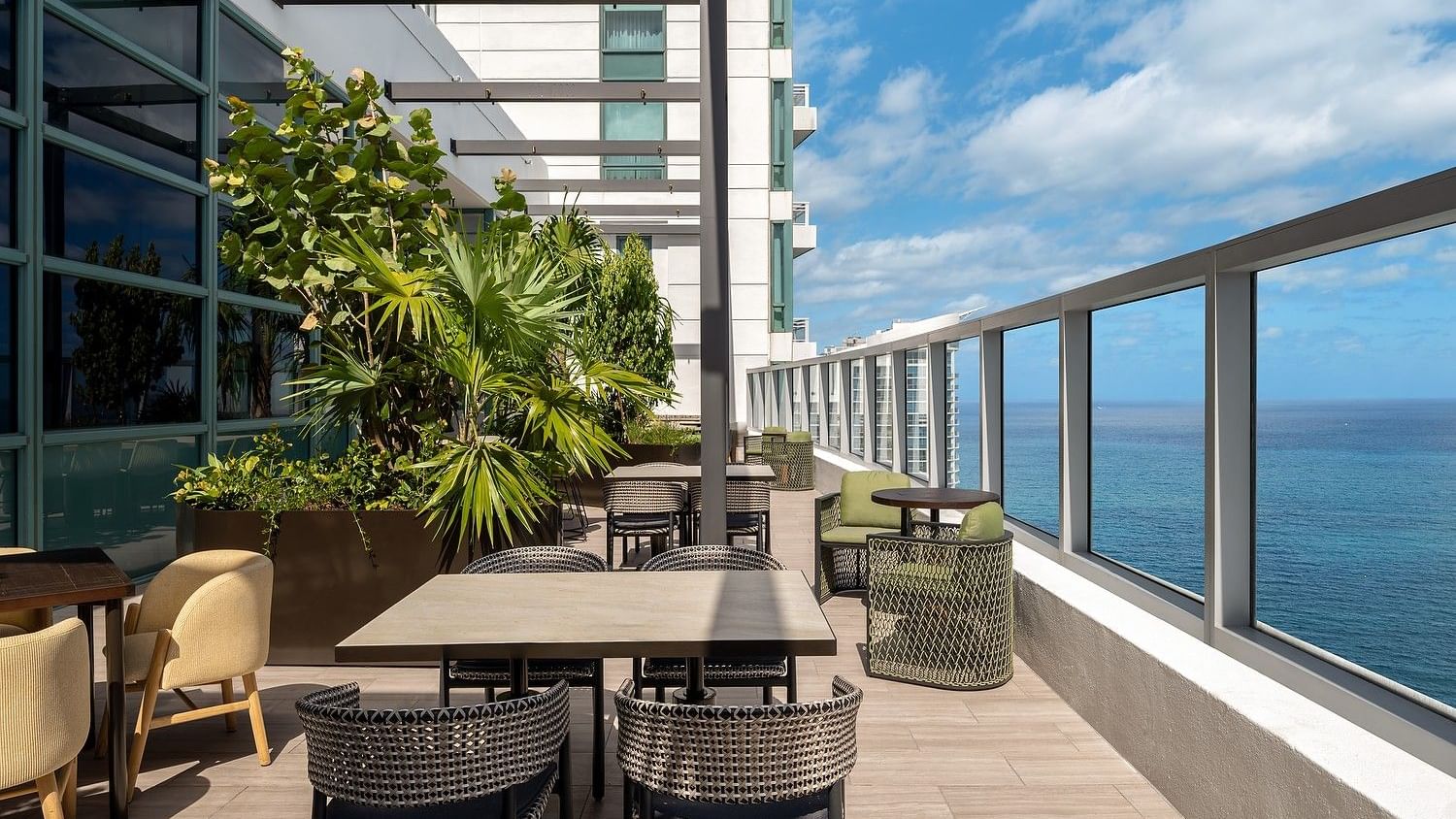 Terrace of 33rd floor lounge with panoramic views of the Atlantic Ocean.