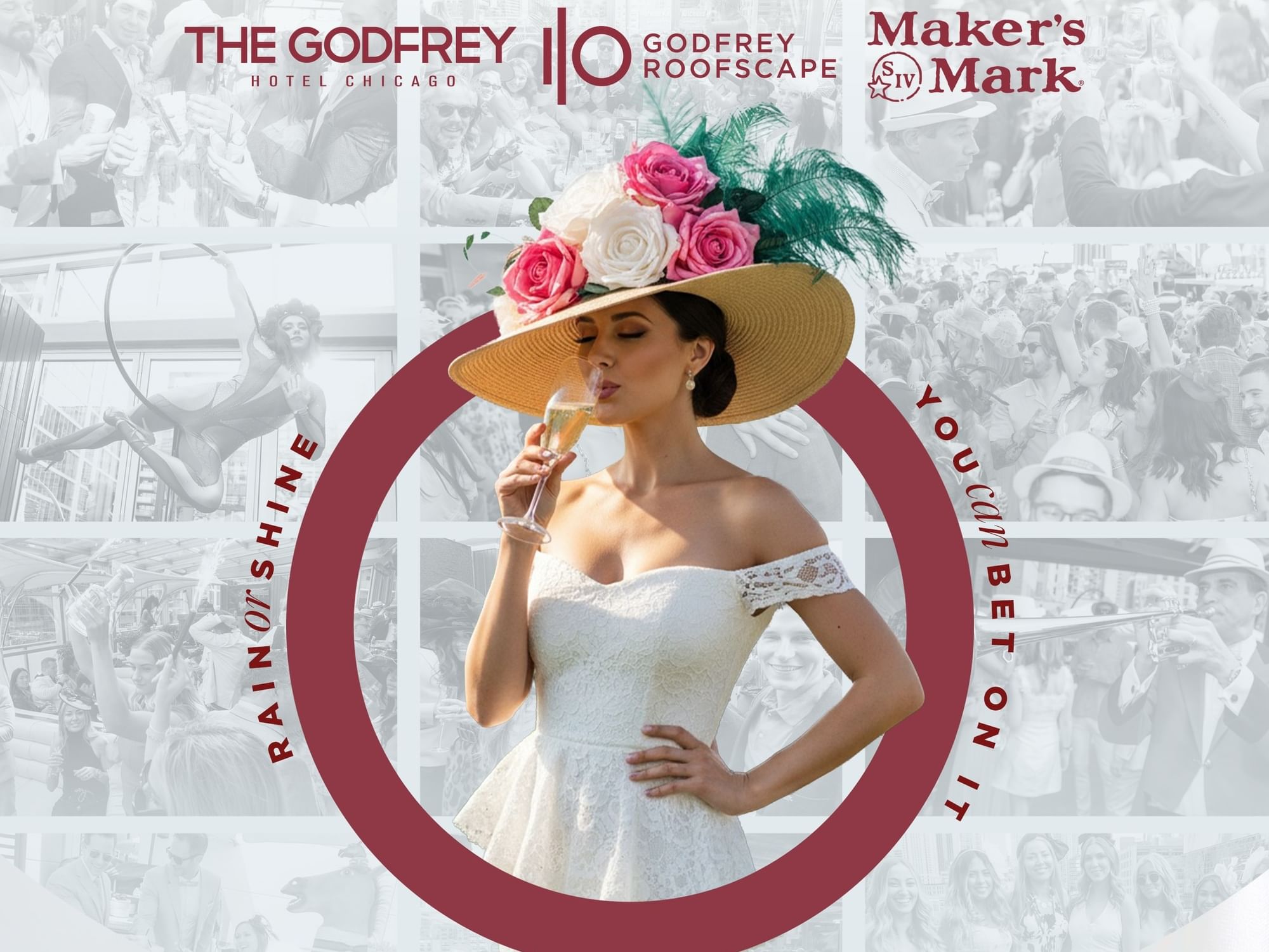 Elegant woman in a sun hat sipping wine with crowd images at the Annual, Award Winning Kentucky Derby Viewing Party.