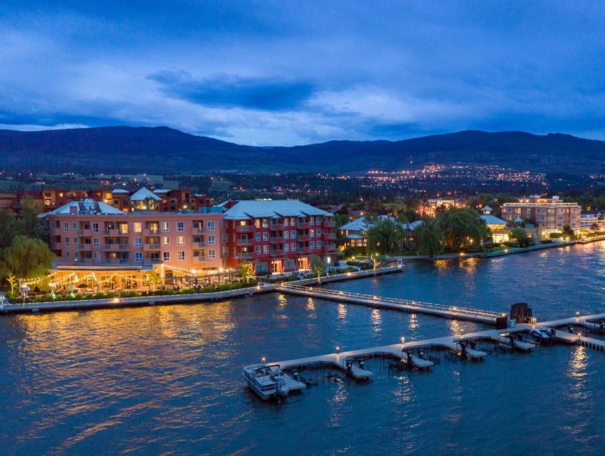 Aerial view of Manteo Resort Waterfront by the dock at night