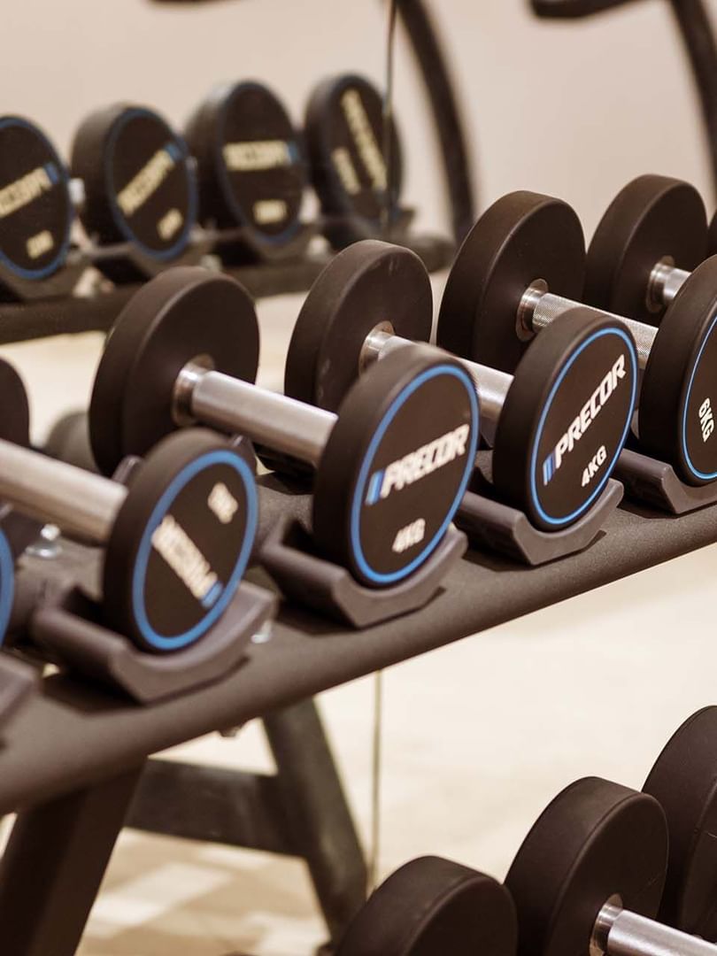 Close-up of Rows of black dumbbells on a metal rack in the Gym at Cantonal Hotel by Warwick Riyadh