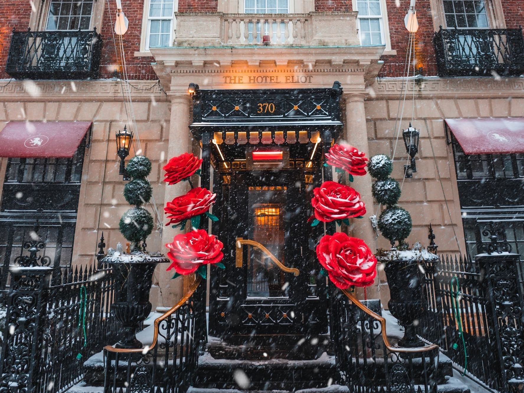 Front porch decorated with red roses for Valentine's at The Eliot Hotel, romantic hotels in Boston