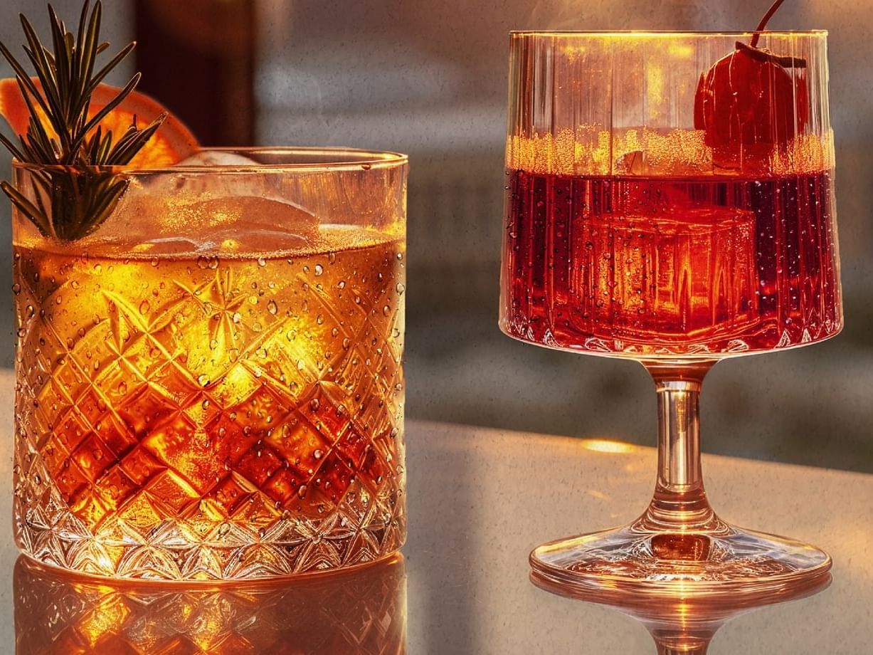 Two cocktails served in Malibu Sky Lounge at Paramount Hotel Midtown