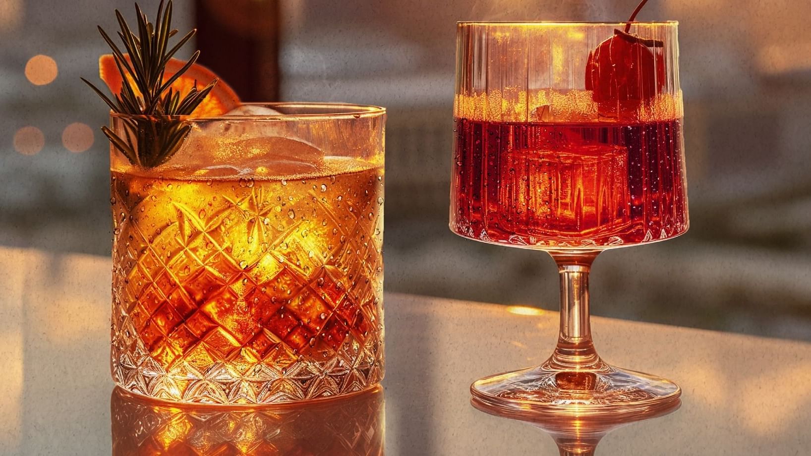 Two cocktails served in Malibu Sky Lounge at Paramount Hotel Midtown