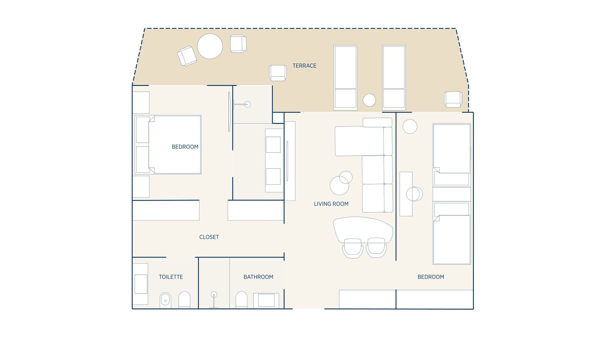 A floor plan of a house with a terrace, two bedrooms, living room, bathroom, toilette, and closet.