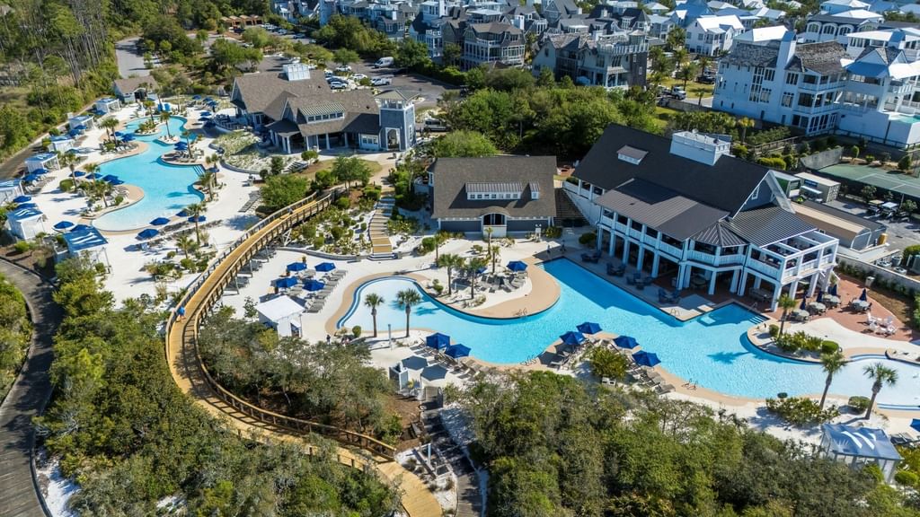Aerial view of Watersound Beach Club with pools and buildings at Inlet Beach.
