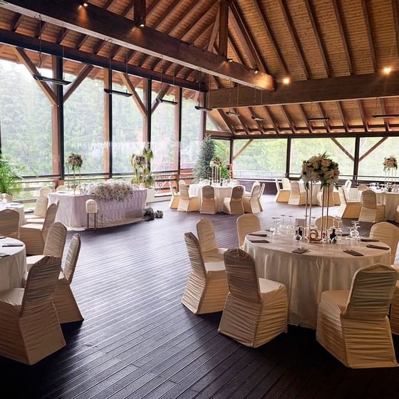 Banquet set-up for a wedding in an event room at Ana Hotels