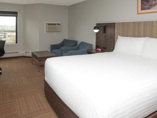 Coast Queen room with white bedding, desk, and window view.
