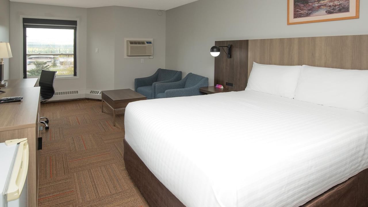 Coast Queen room with white bedding, desk, and window view.
