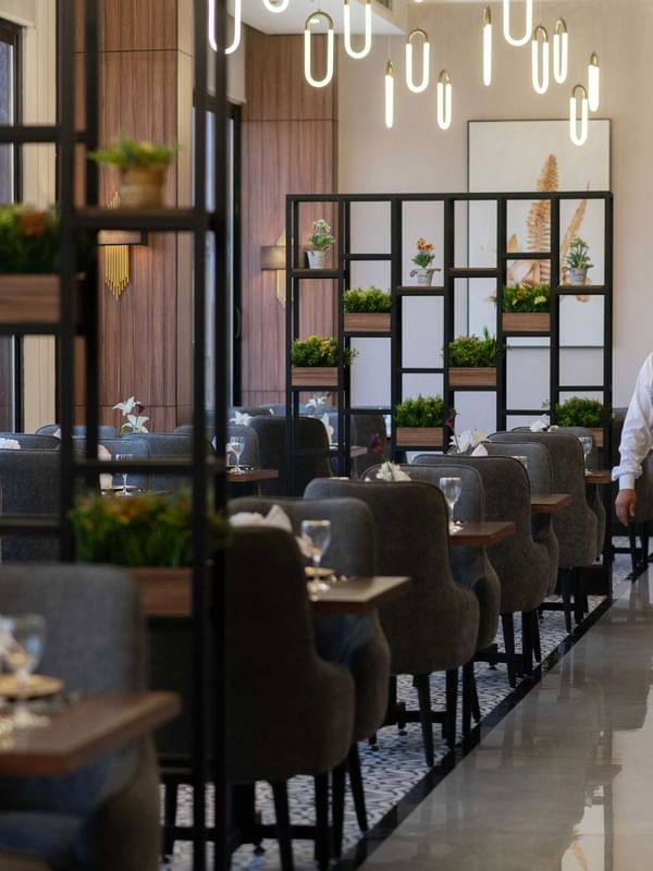 Waiter carrying colorful juices through a dining area with gray chairs and metal shelving in La Maison at Warwick Al Jubail