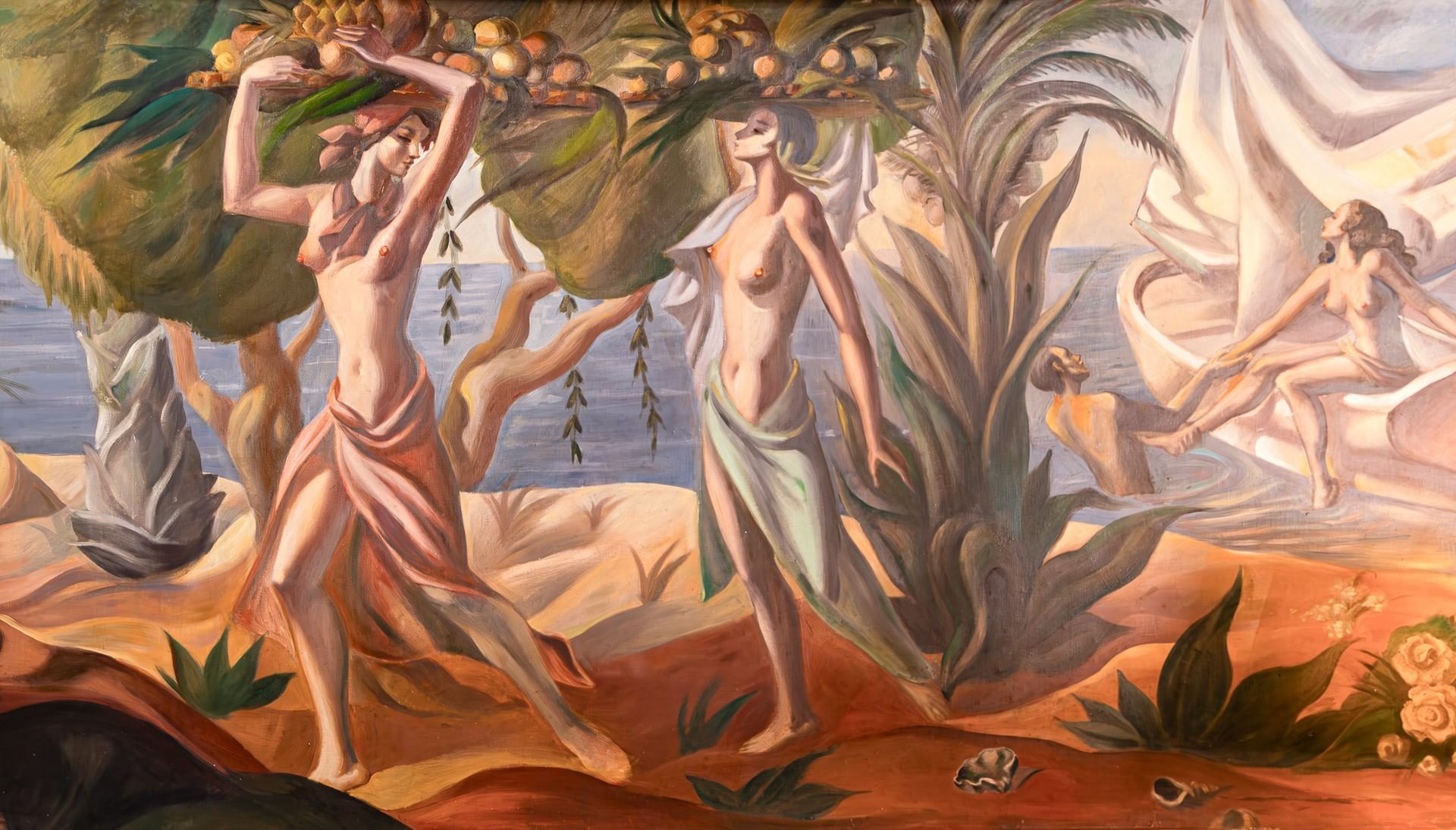 Close-up of the vintage tropical mural featuring Art Deco-style figures at The Plymouth Hotel South Beach