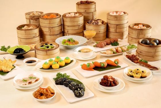 Colorful array of food in bamboo baskets at Hanoi Daewoo Hotel