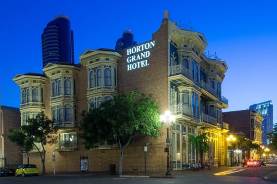 Exterior view of The Horton Grand Hotel at night