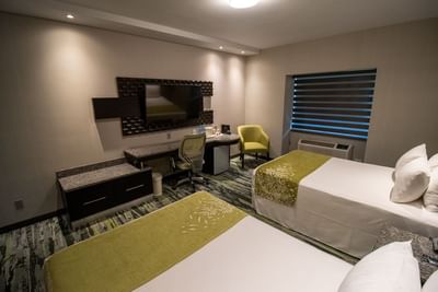 Large bed by a desk under a TV near window in Superior Room at Hotel Mirra, a hotel near US border crossing San Luis, Sonora