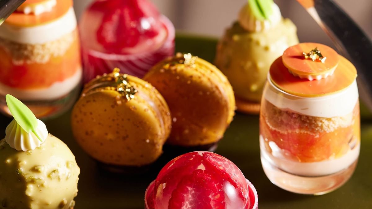 Assorted desserts with vibrant colors served in TWR Bar at Crown Hotel Melbourne