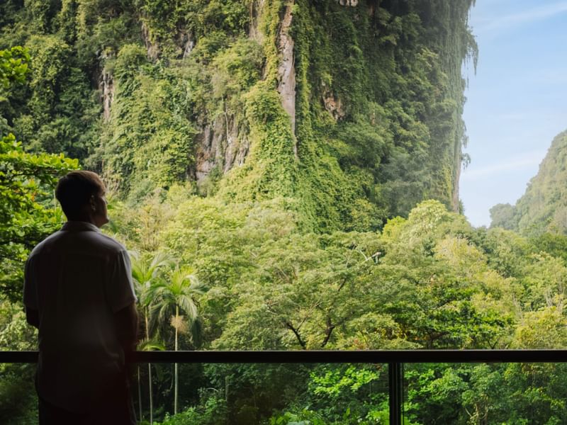 Men viewing lush tropical rainforest and towering limestone cliffs from balcony promoting Visit Malaysia Deal at The Banjaran Hotsprings Retreat