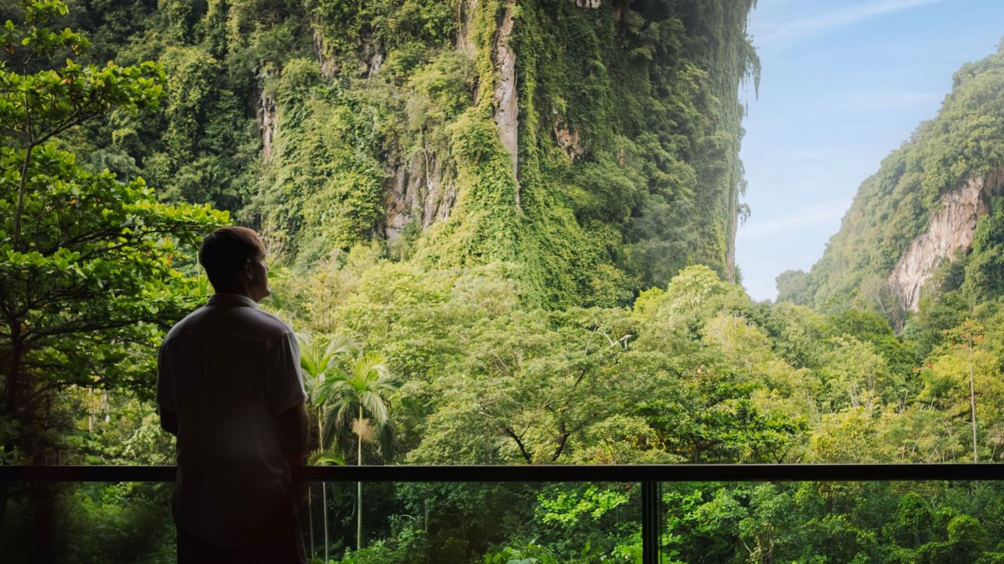 Men viewing lush tropical rainforest and towering limestone cliffs from balcony promoting Visit Malaysia Deal at The Banjaran Hotsprings Retreat