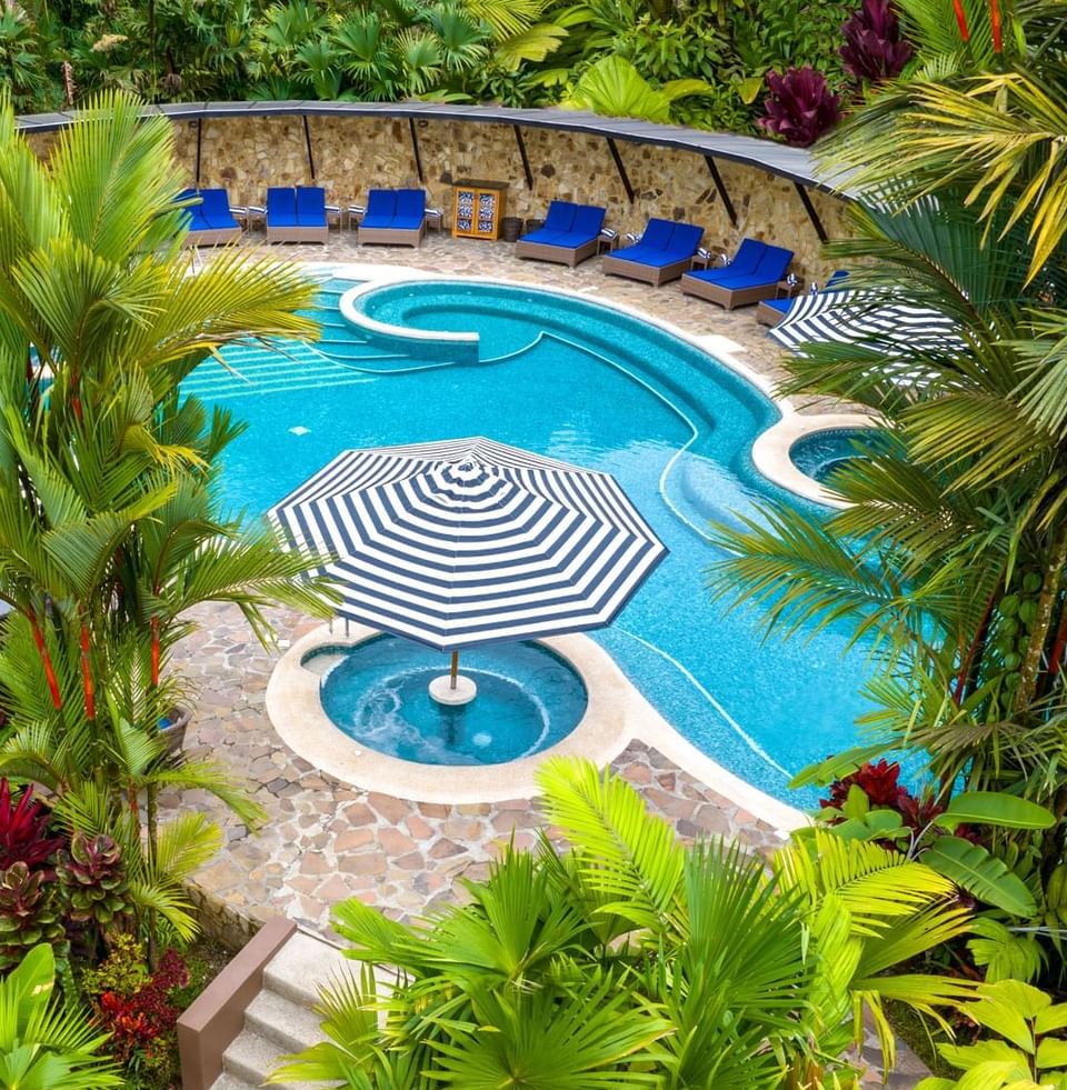 Aerial view of the hotel pool & garden at Hideaway Rio Celeste