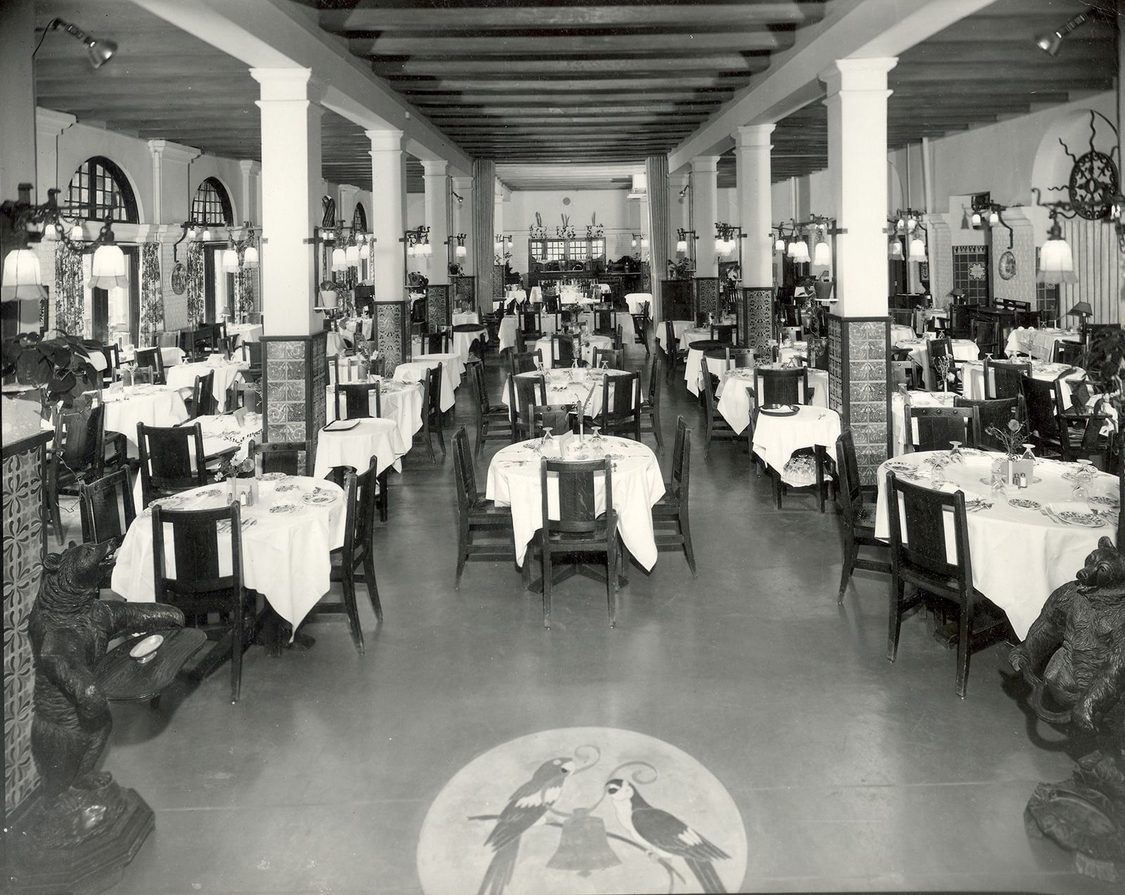 vintage image of interior of California Room with tables and cha