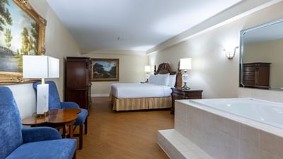 Image of the Penthouse Bedroom of the Music Road Inn, that includes a large resting area and a private jacuzzi.